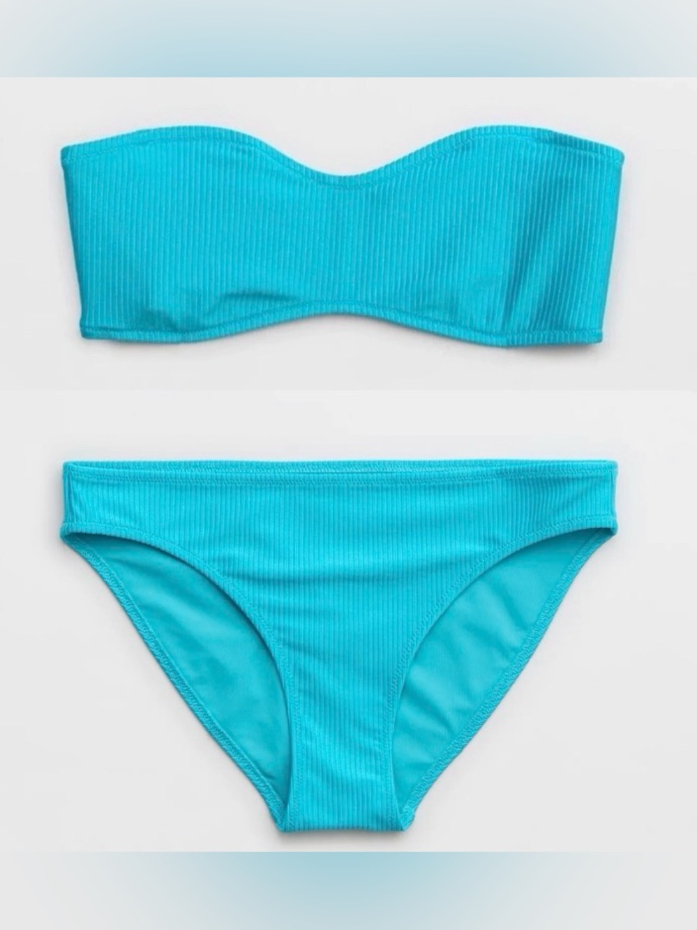 NWT Aerie FULL SET Shine Rib Bandeau Top + Full Coverage Bottom Barbados Blue